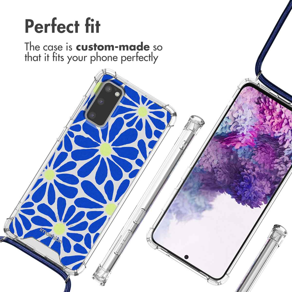 Un smartphone dans une coque transparente à motif floral bleu et blanc, avec lanière et texte sur l'ajustement.