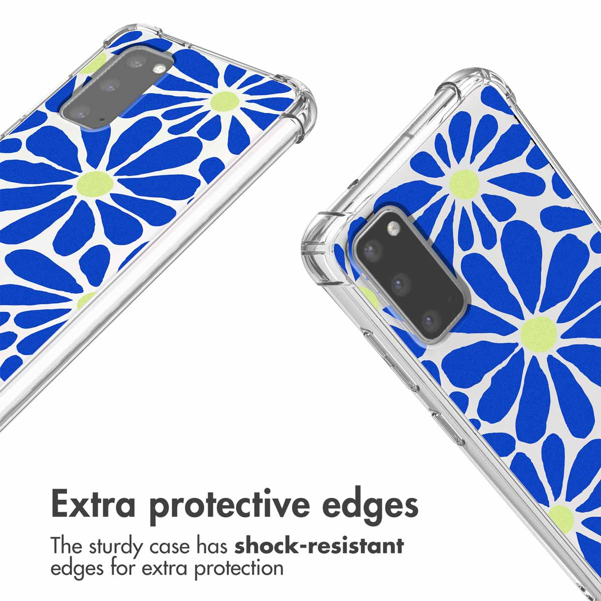 Deux coques de téléphone transparentes avec motif floral bleu et blanc et coins de protection.