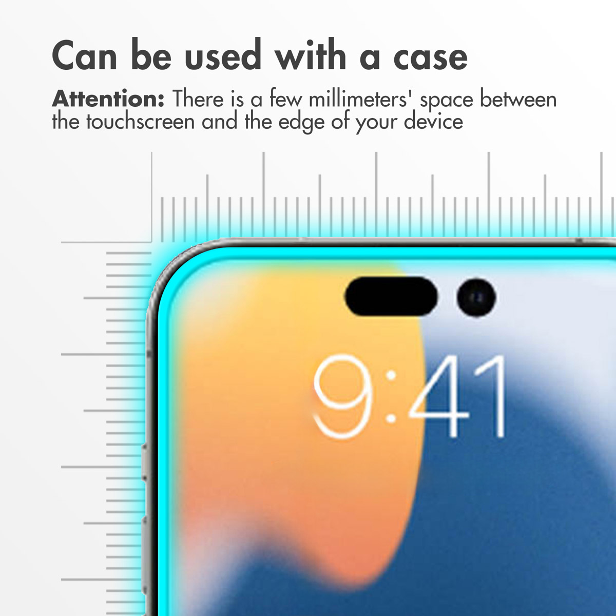 Telefoonscherm met tekst over hoescompatibiliteit en afstand tussen scherm en rand.