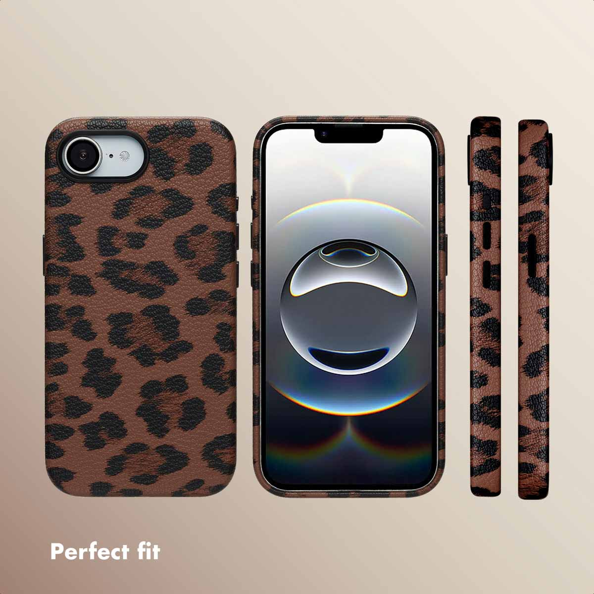 Cover per telefono leopardata da più angolazioni con testo Perfect fit.