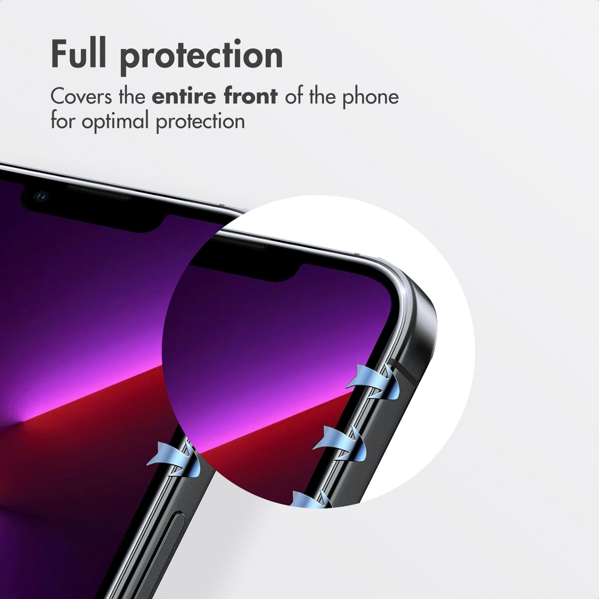 Close-up van een smartphonescherm met gebogen randen en de tekst Full protection.