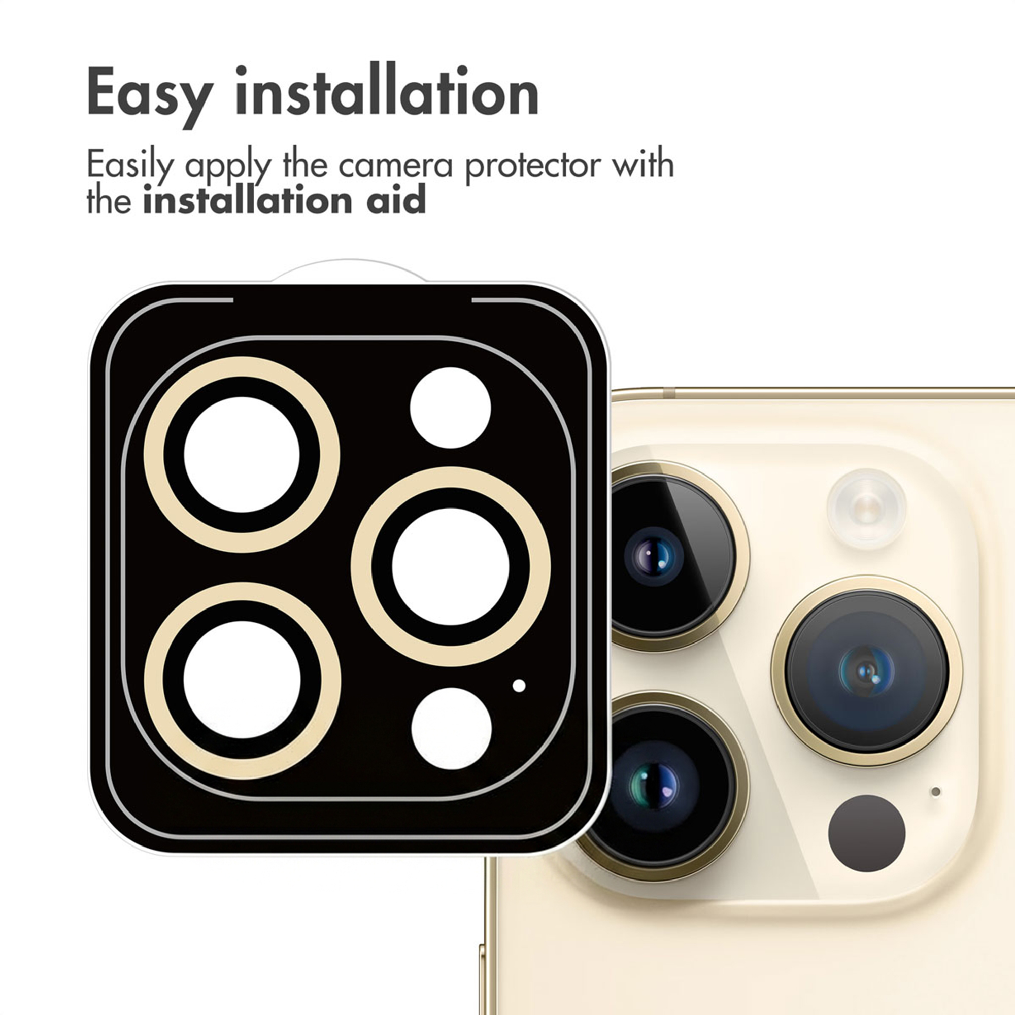 Installatiehulp voor smartphone camera lens protector met tekst.