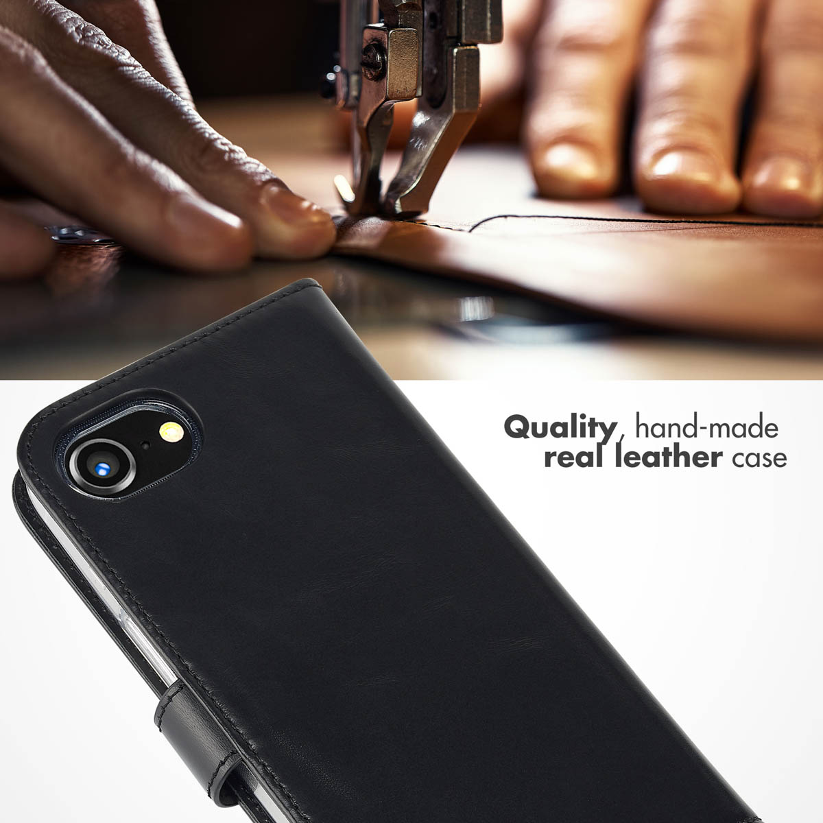 Une main coud du cuir, en bas une coque de téléphone noire avec du texte.