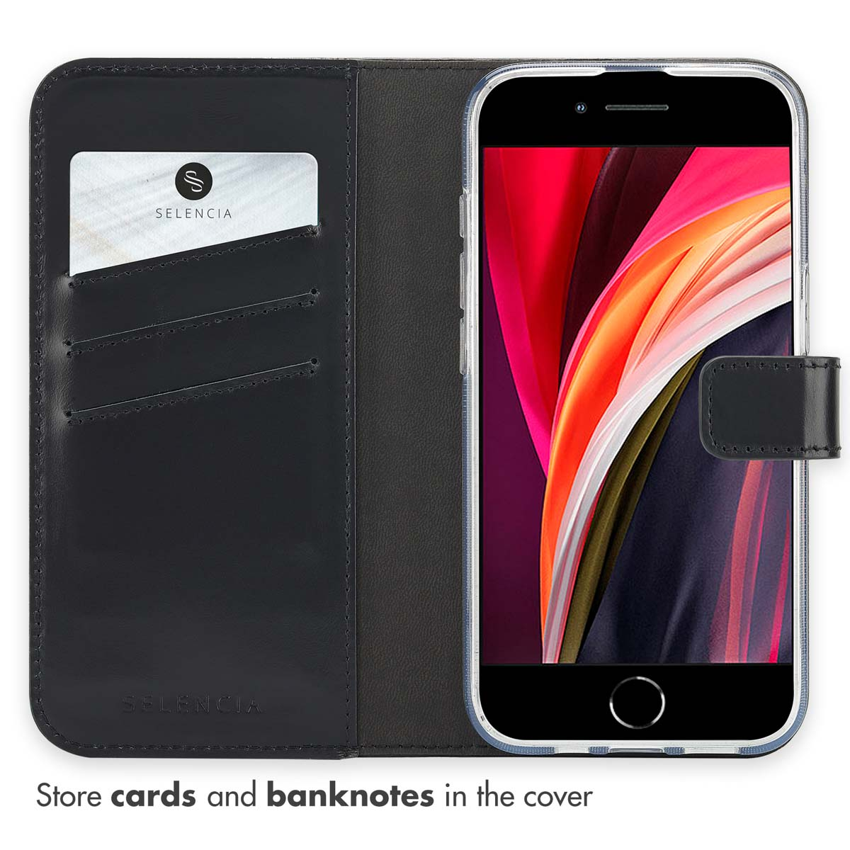 Étui portefeuille en cuir noir pour smartphone avec fentes pour cartes et téléphone.