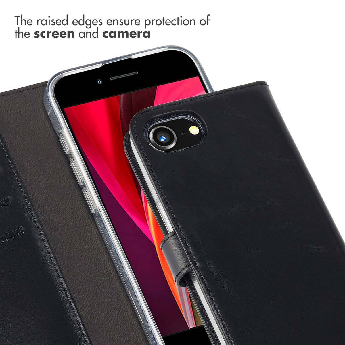 Les bords surélevés protègent l'écran et l'appareil photo d'un smartphone dans un étui en cuir noir.