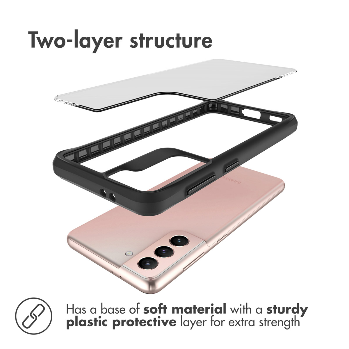 Vista explosionada de una funda de dos capas con base suave y capa plástica resistente sobre un teléfono rosado.