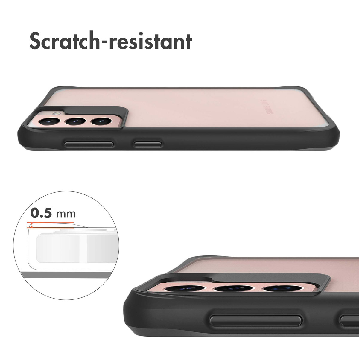 Vista lateral de una funda resistente a arañazos con un círculo que muestra 0,5 mm de protección.