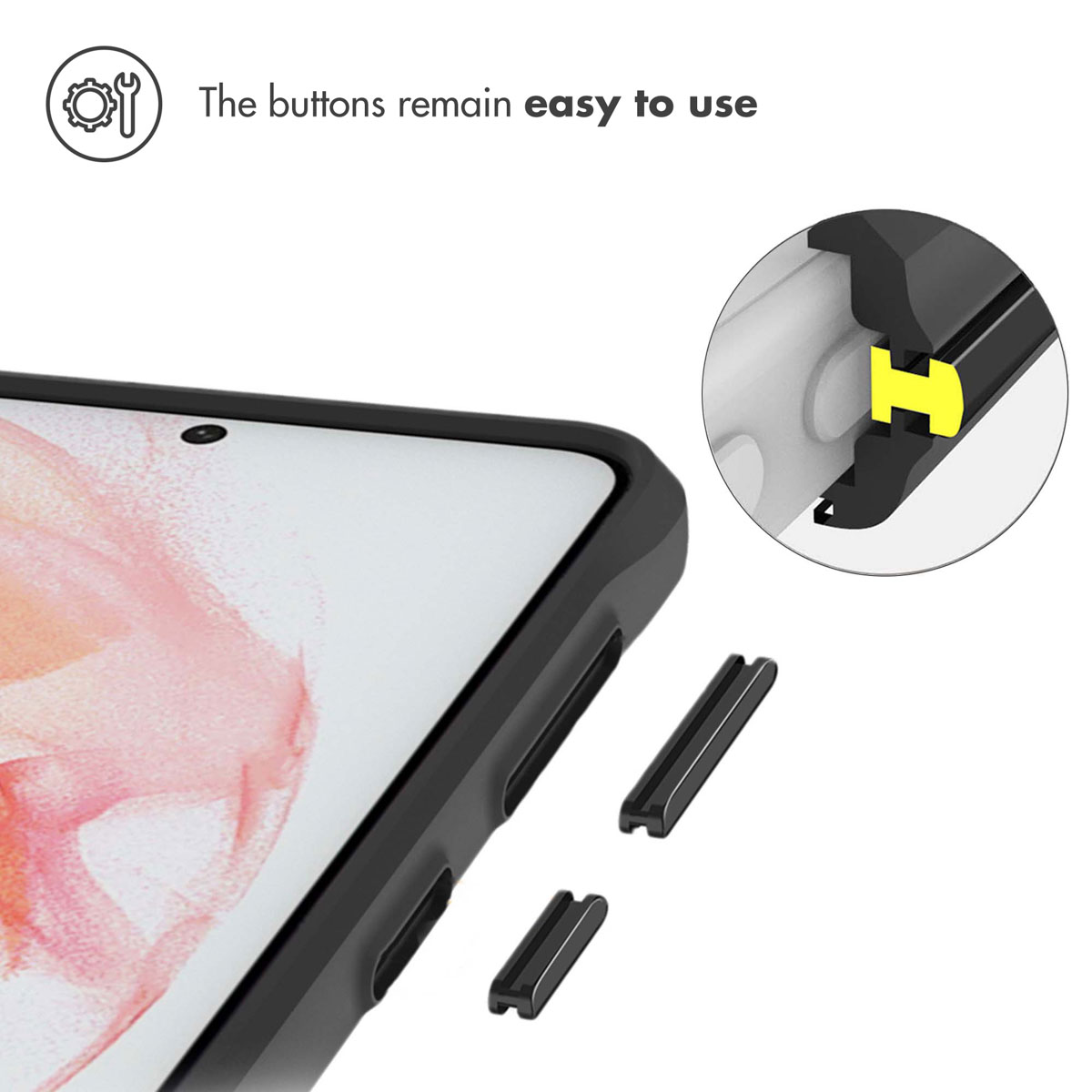 Smartphone en funda protectora con vista ampliada de botones de colores intercambiables.