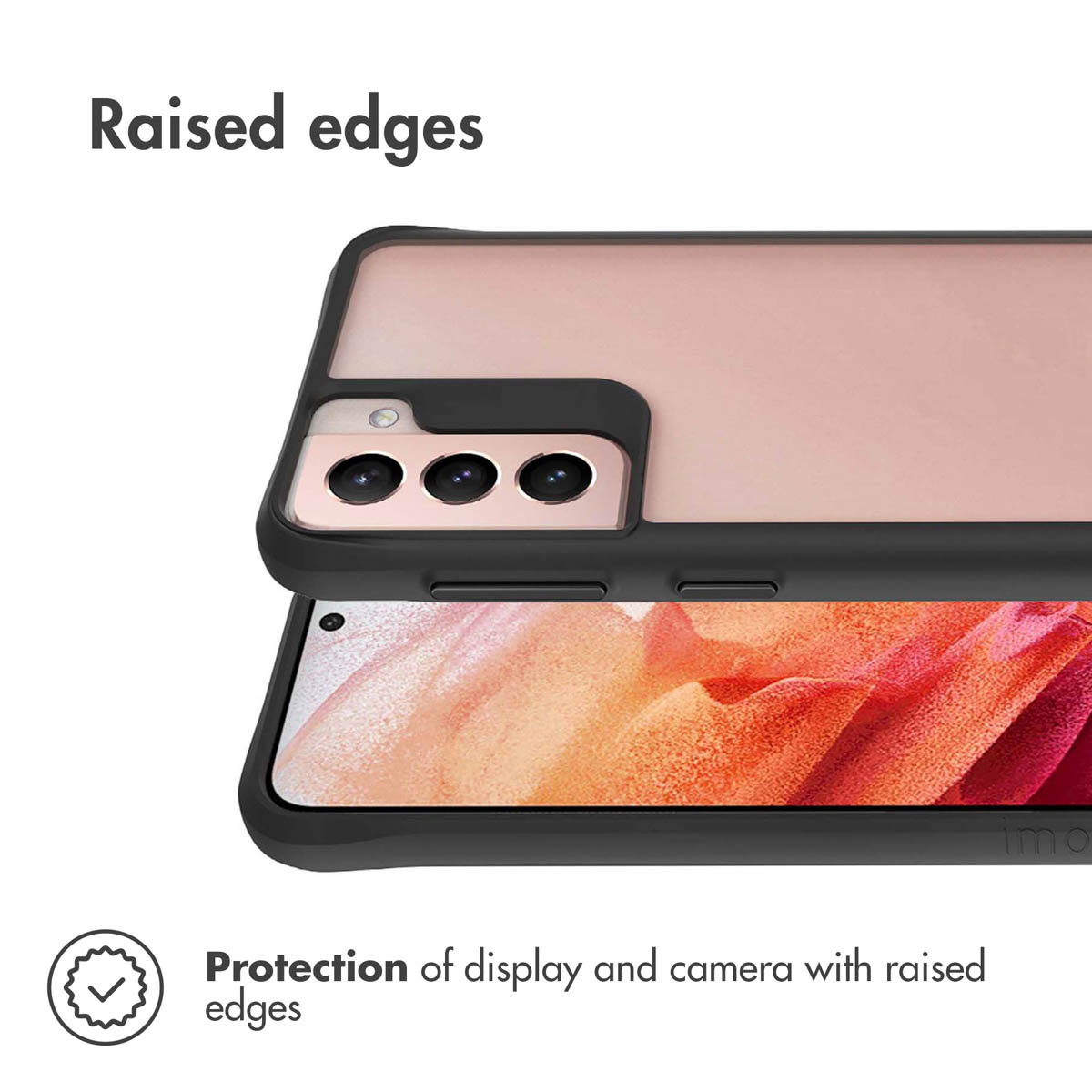 Un teléfono con funda protectora y bordes elevados para la seguridad de cámara y pantalla.