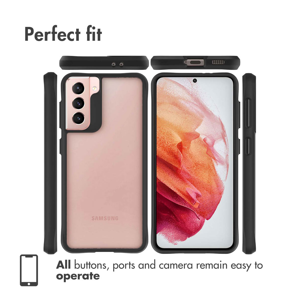 Funda para teléfono con aberturas para cámaras y puertos, mostrando vistas delantera y trasera.
