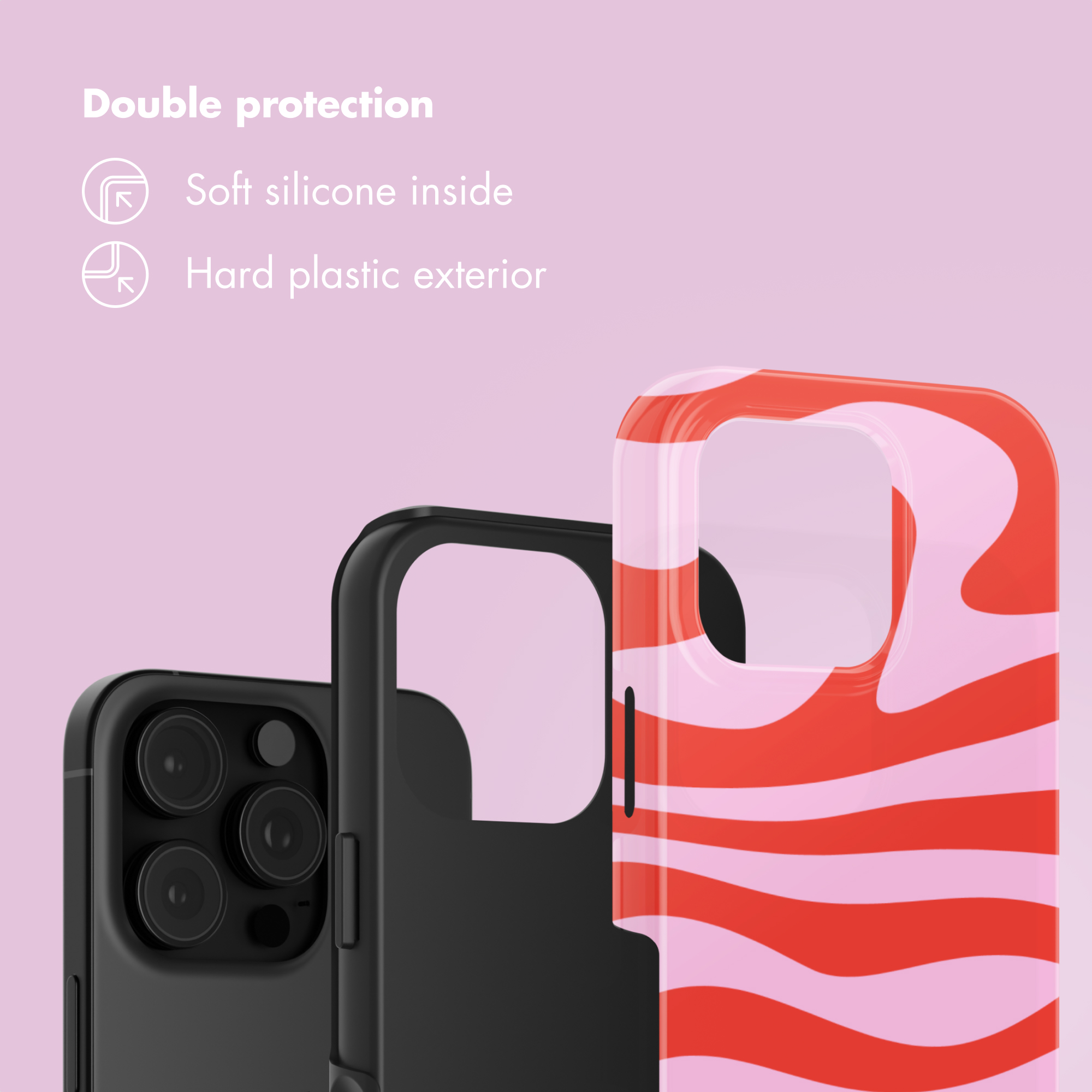 Doppia protezione con interno in morbido silicone ed esterno in plastica rigida per lo smartphone.
