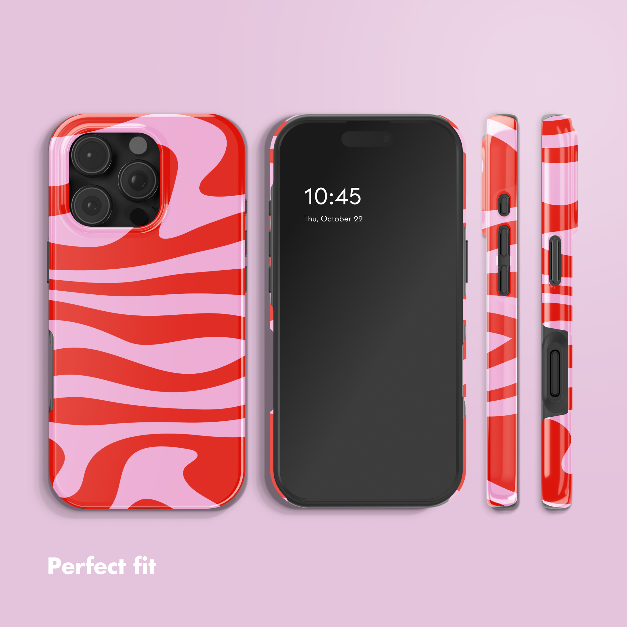Smartphone mostrato da più angolazioni con una cover con motivo ondulato rosa e rosso.
