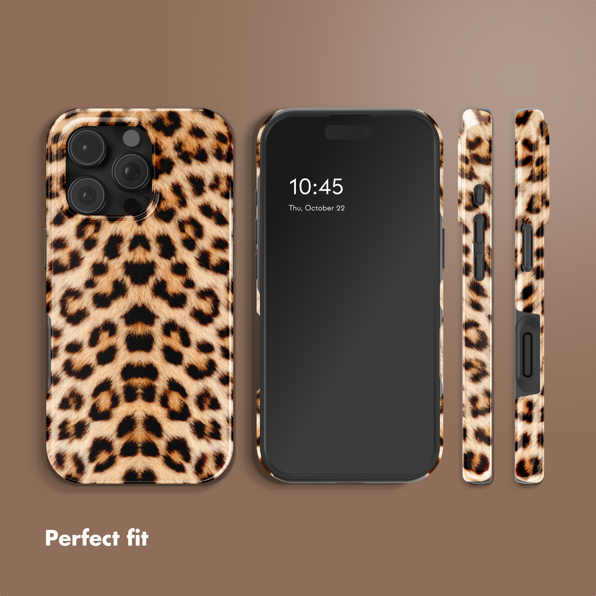 Uno smartphone con cover leopardata mostrato da tutti i lati su sfondo marrone.