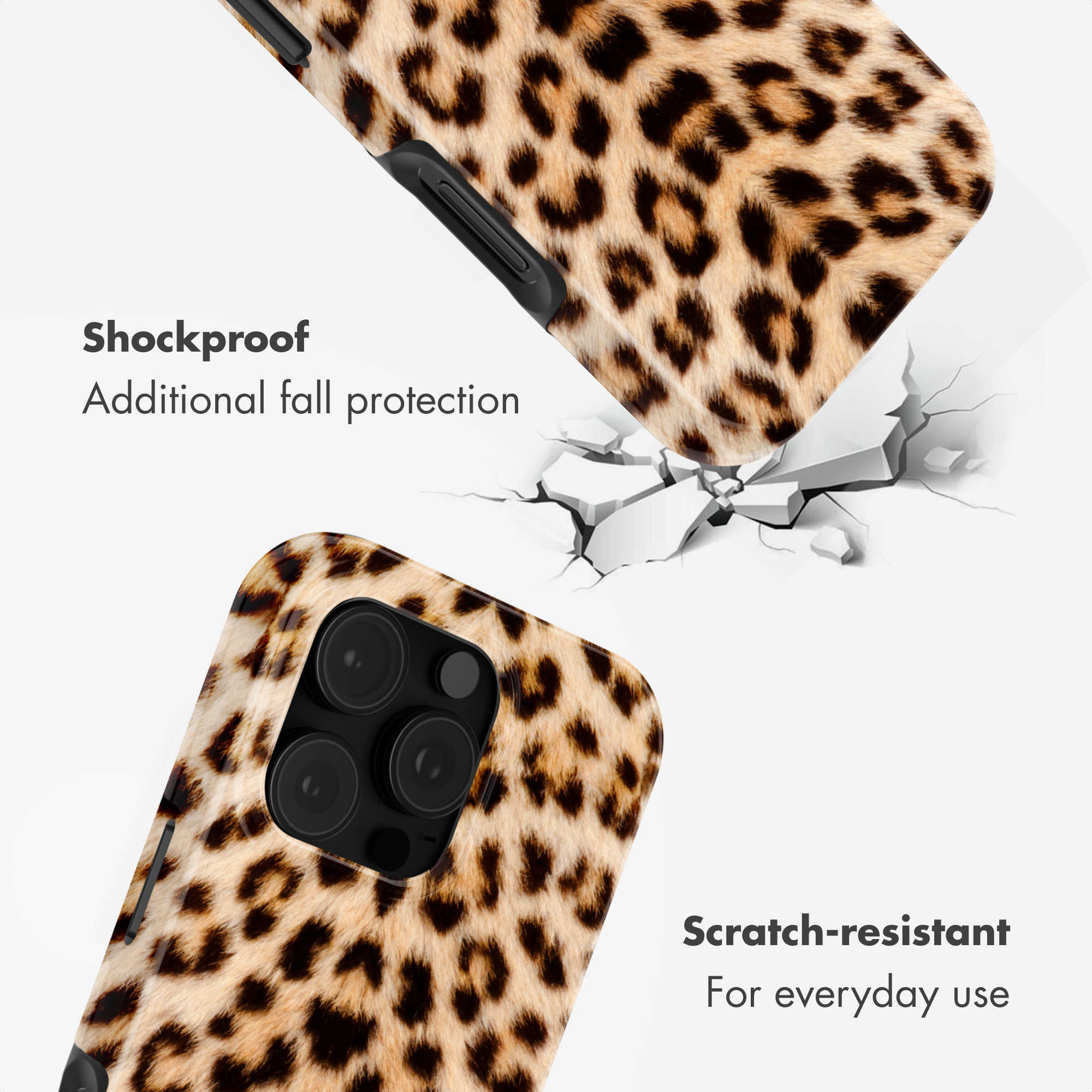 Cover per telefono leopardata con testo su resistenza a urti e graffi su sfondo bianco.