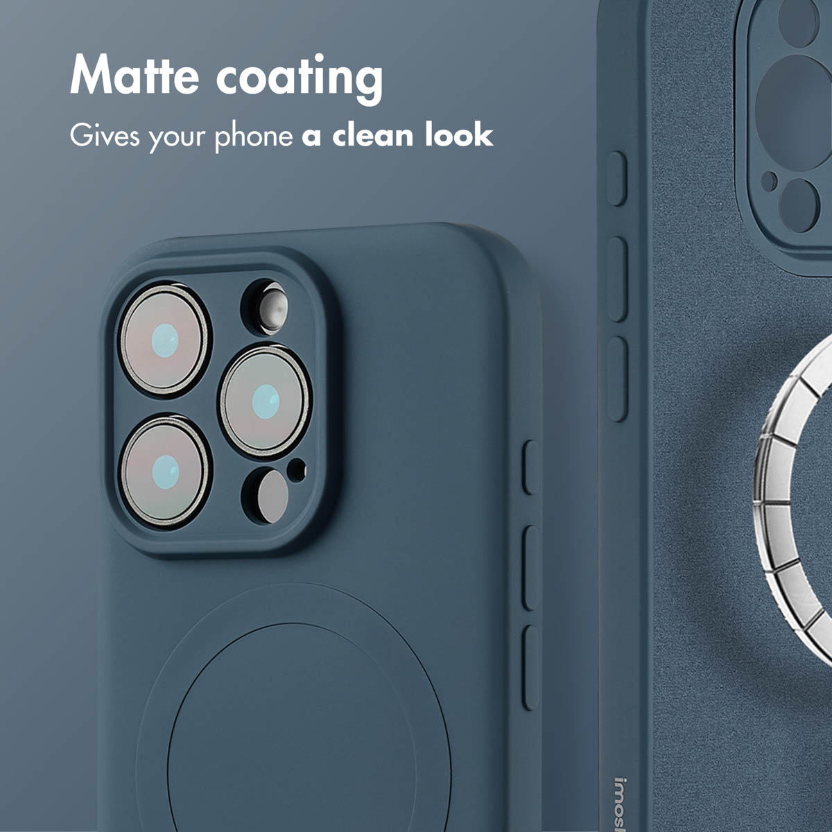 Coque de smartphone bleu mat avec découpe pour l'appareil photo et anneau MagSafe sur fond gris.