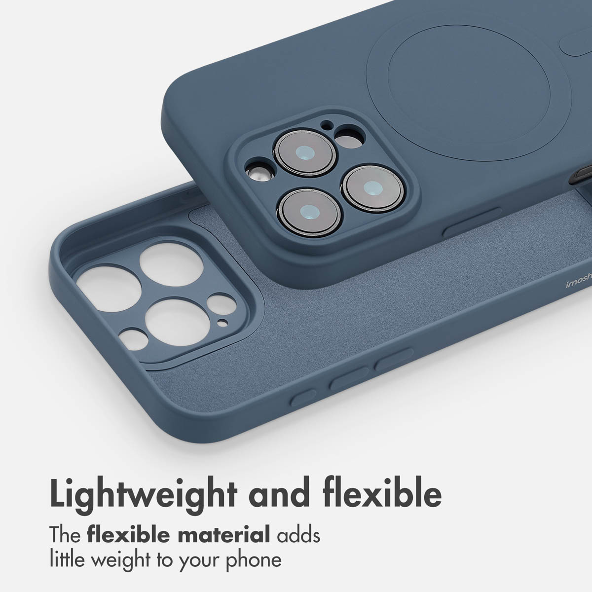 Coque de smartphone bleue avec découpe pour appareil photo et anneau magnétique sur fond blanc.