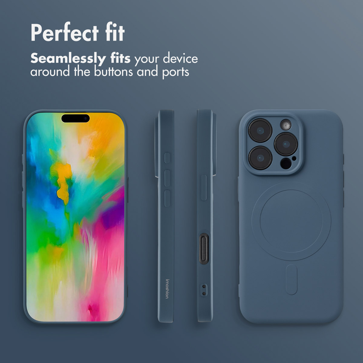 Coque de téléphone bleue sous plusieurs angles avec écran coloré et texte.