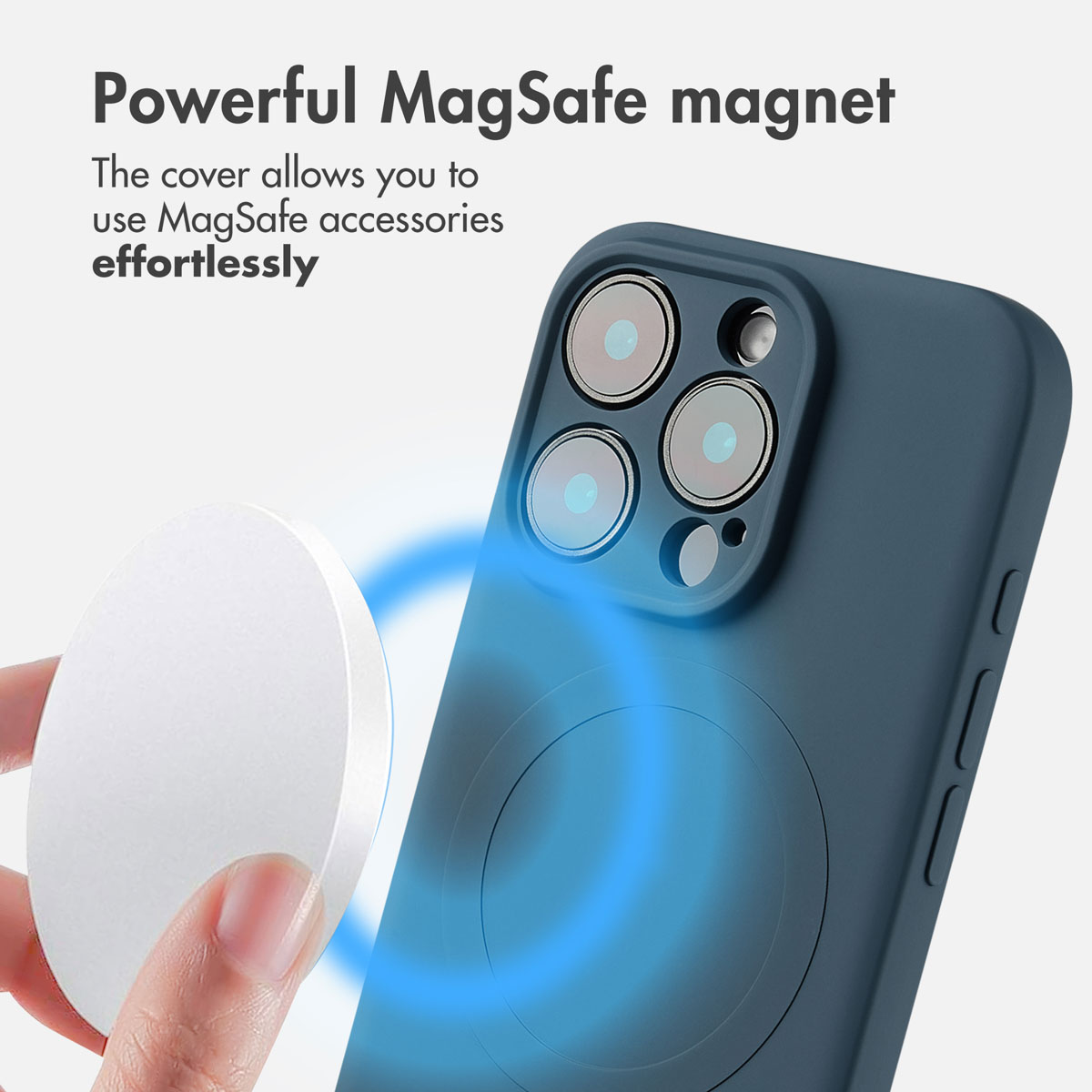 Coque de téléphone bleue dotée d'aimants MagSafe et d'un chargeur blanc rond.