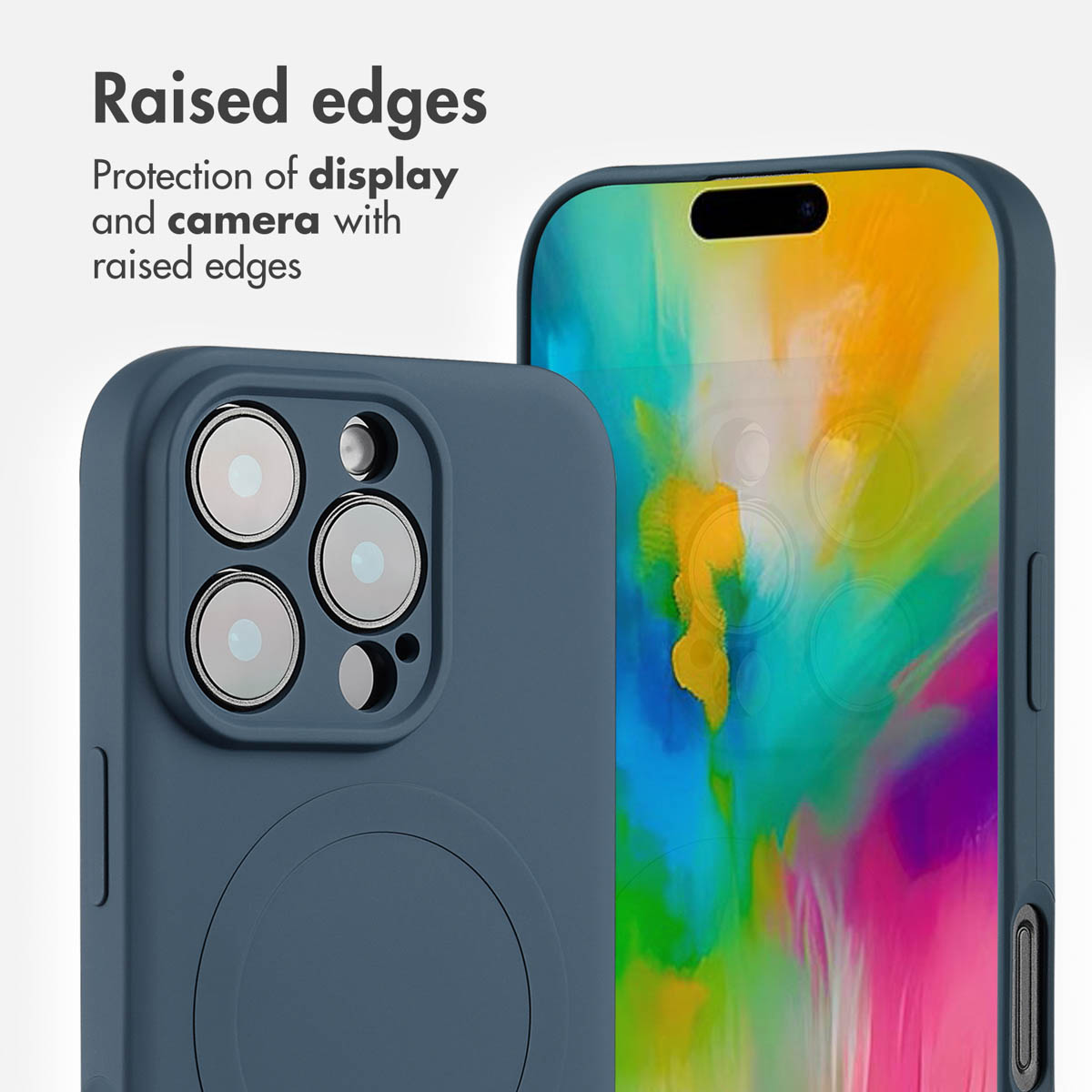 Coque de smartphone bleue avec bords surélevés pour protéger l'écran et l'appareil photo.