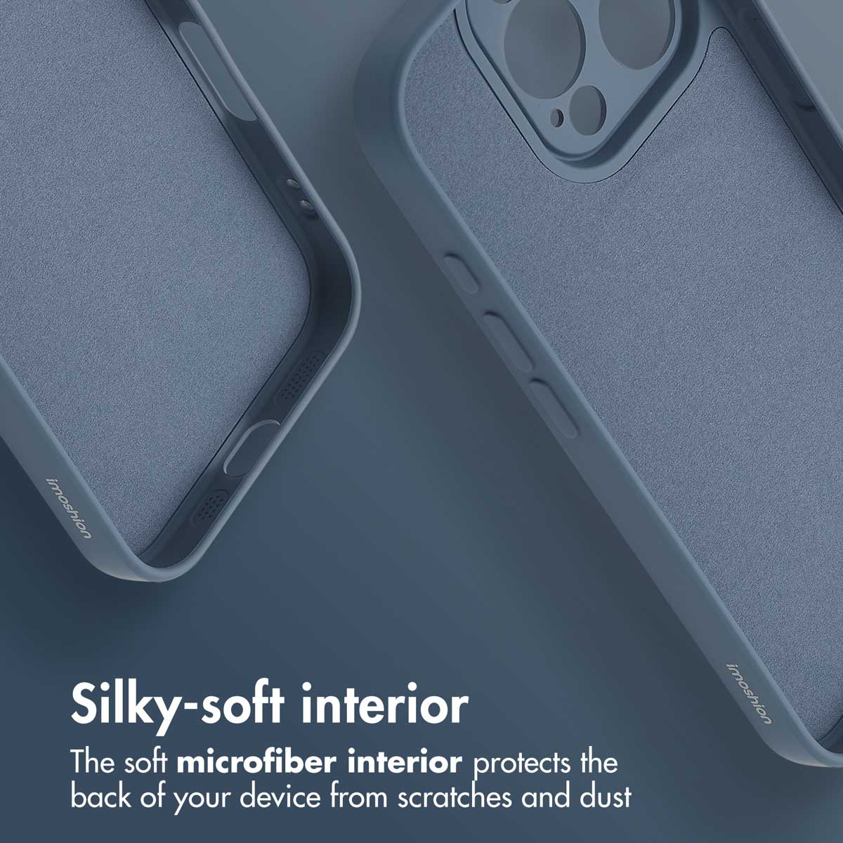 Deux coques de téléphone bleues avec intérieur en microfibre douce et texte de protection.