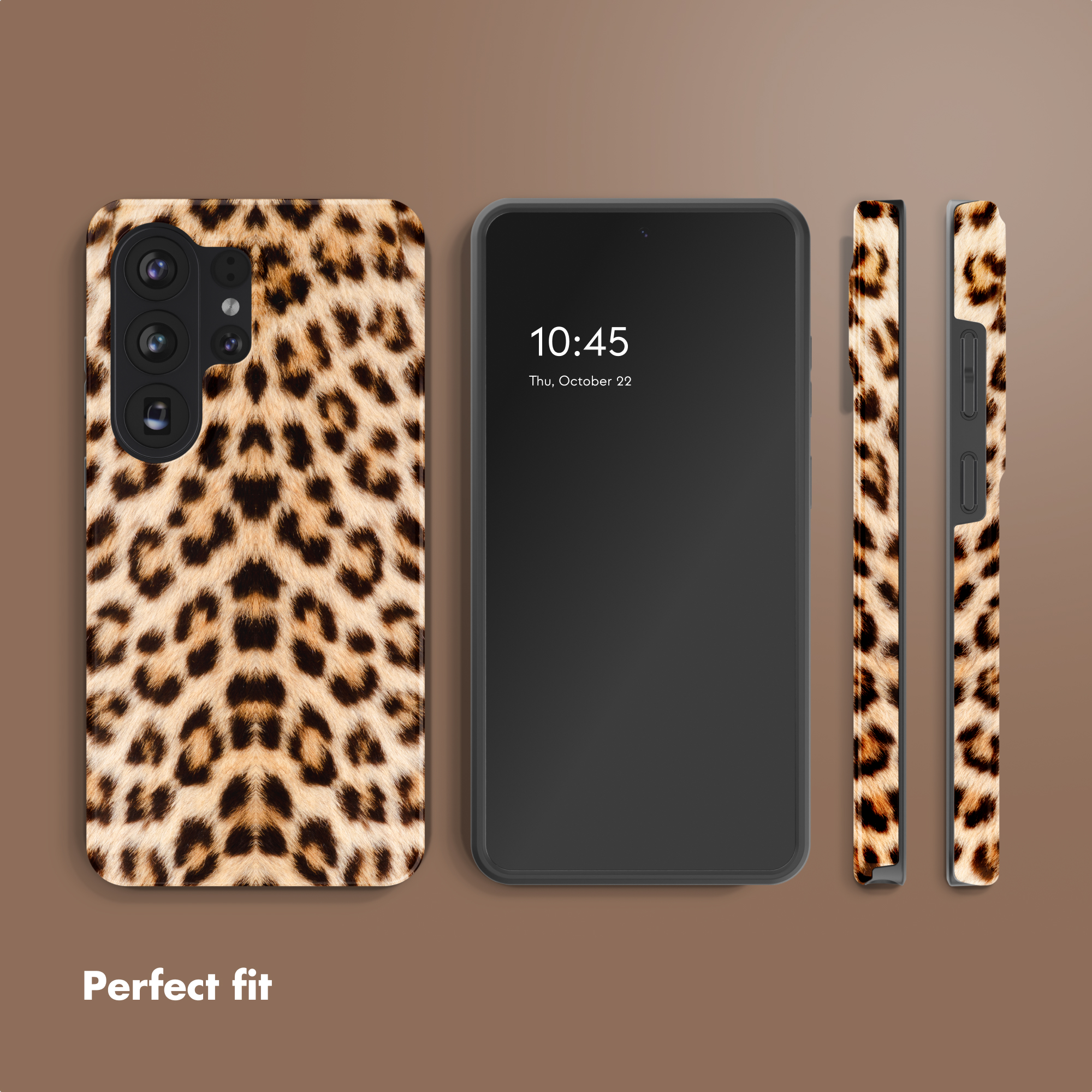 Un smartphone con funda de estampado de leopardo y vista frontal.