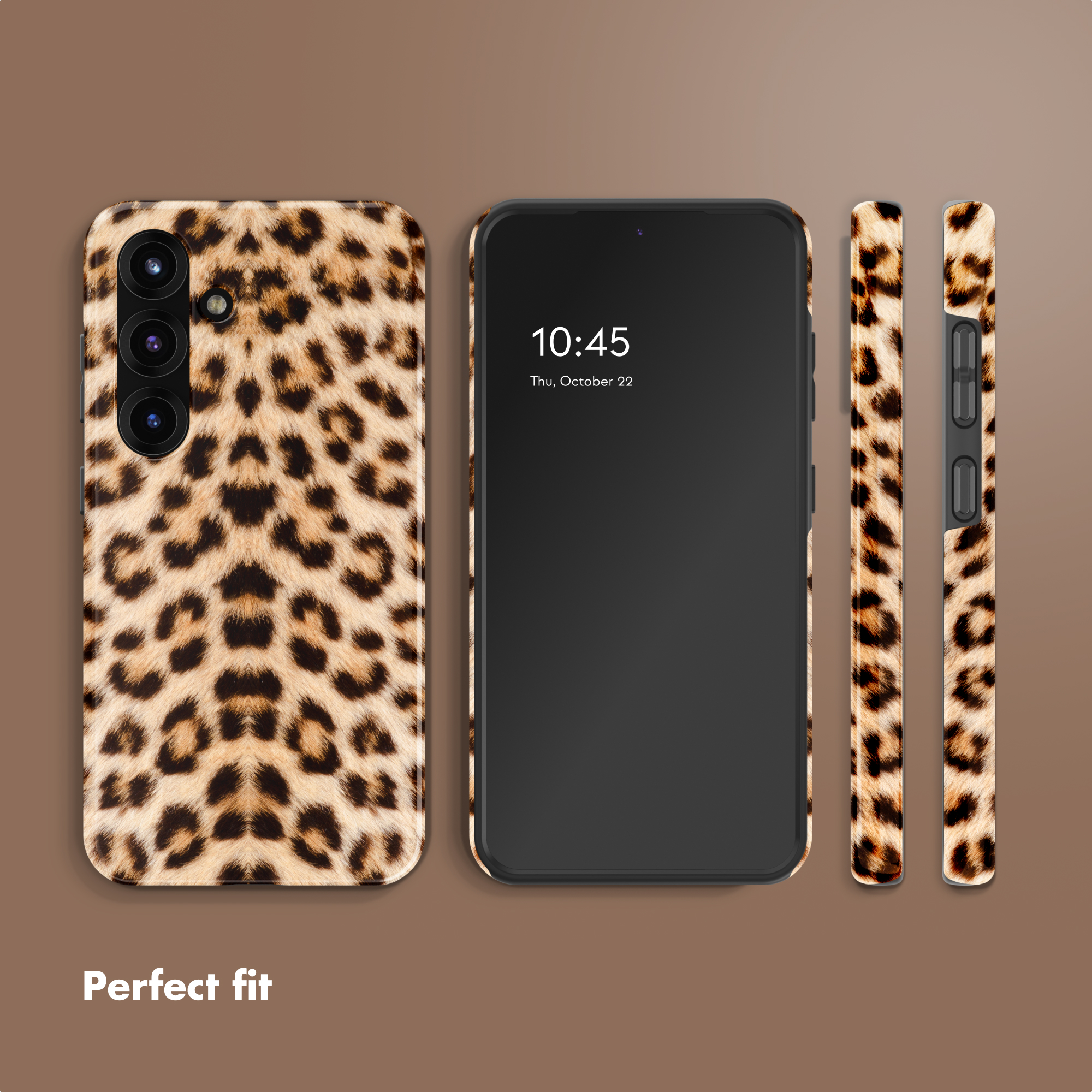 Un teléfono en varias vistas con una funda de leopardo y el texto Perfect fit abajo.
