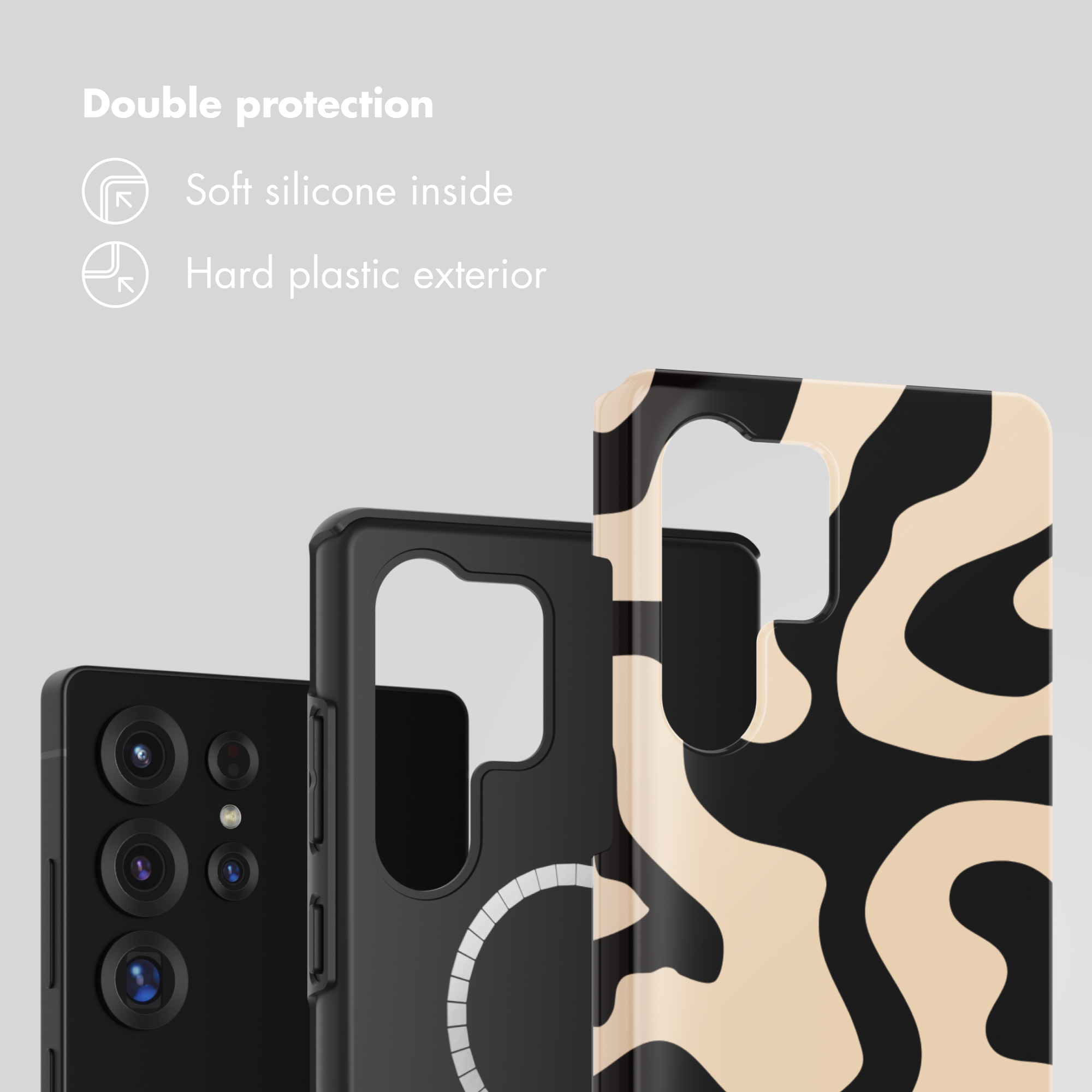 Doppia protezione con silicone morbido interno ed esterno in plastica dura.