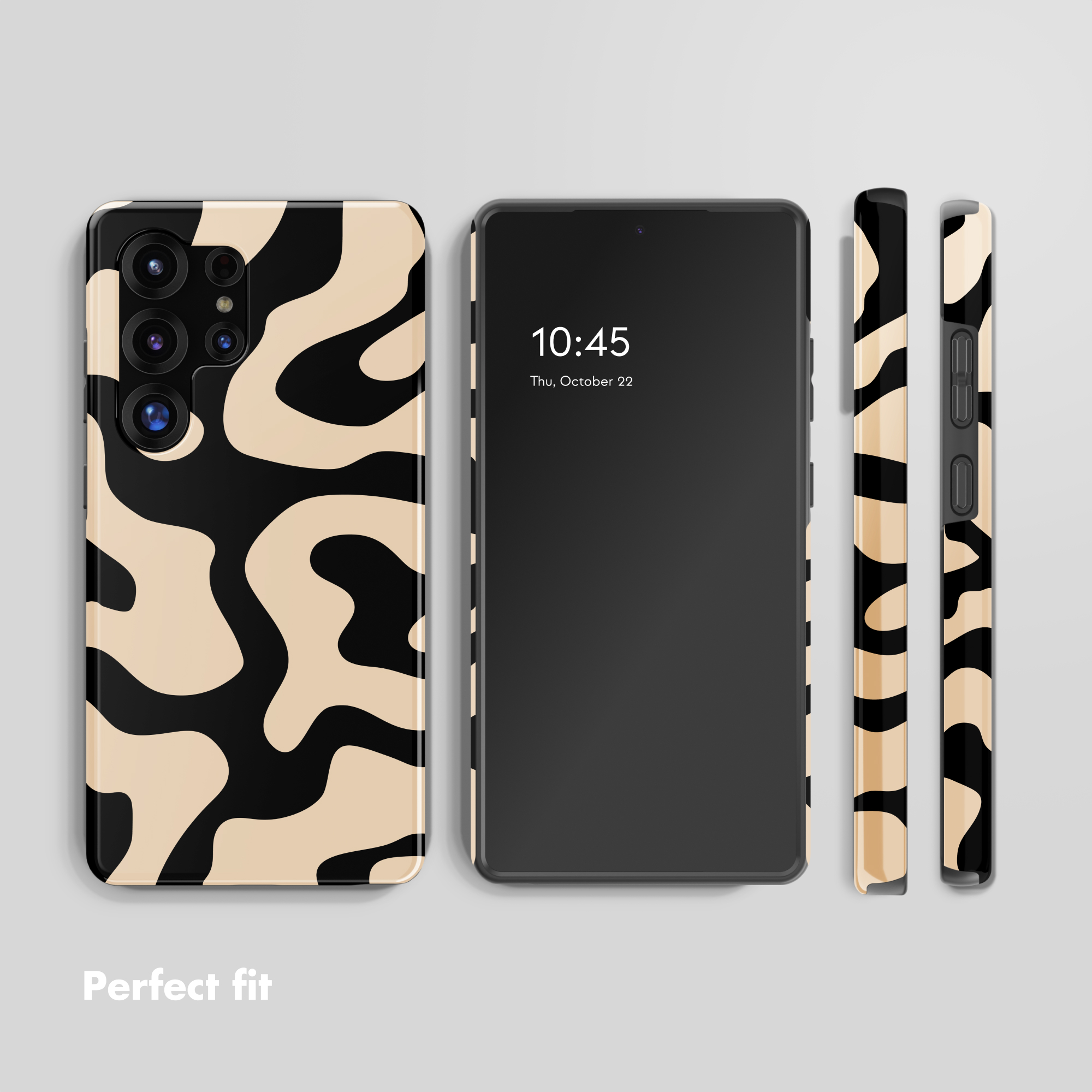 Uno smartphone con cover beige e nera a motivo ondulato, che mostra viste anteriori, posteriori e laterali.