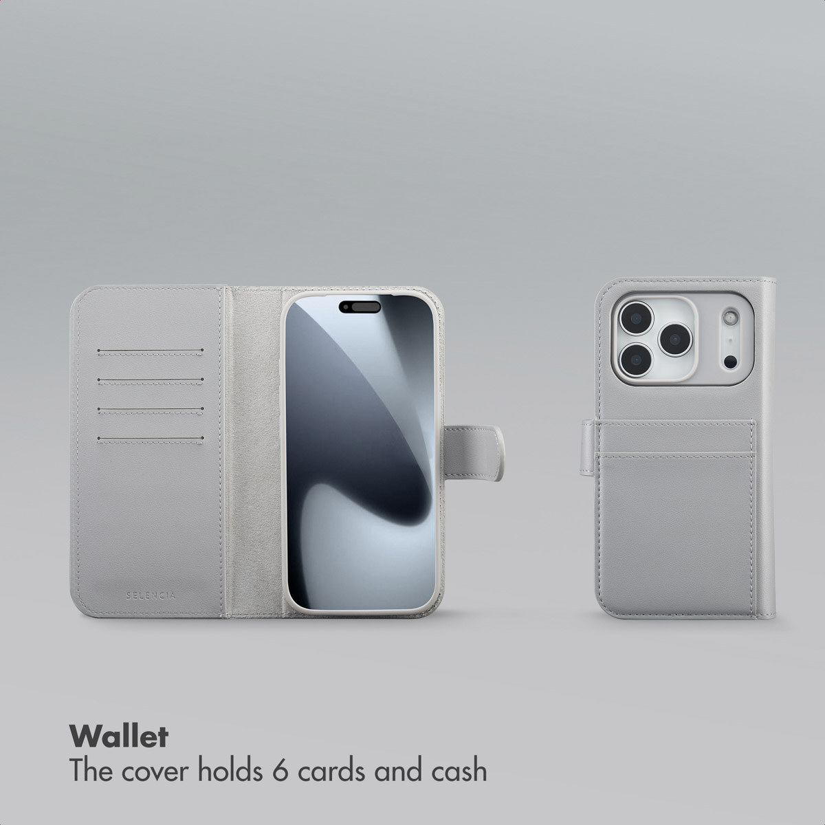 Una funda de cuero gris para teléfono con tarjetero, mostrada abierta y cerrada sobre fondo gris.