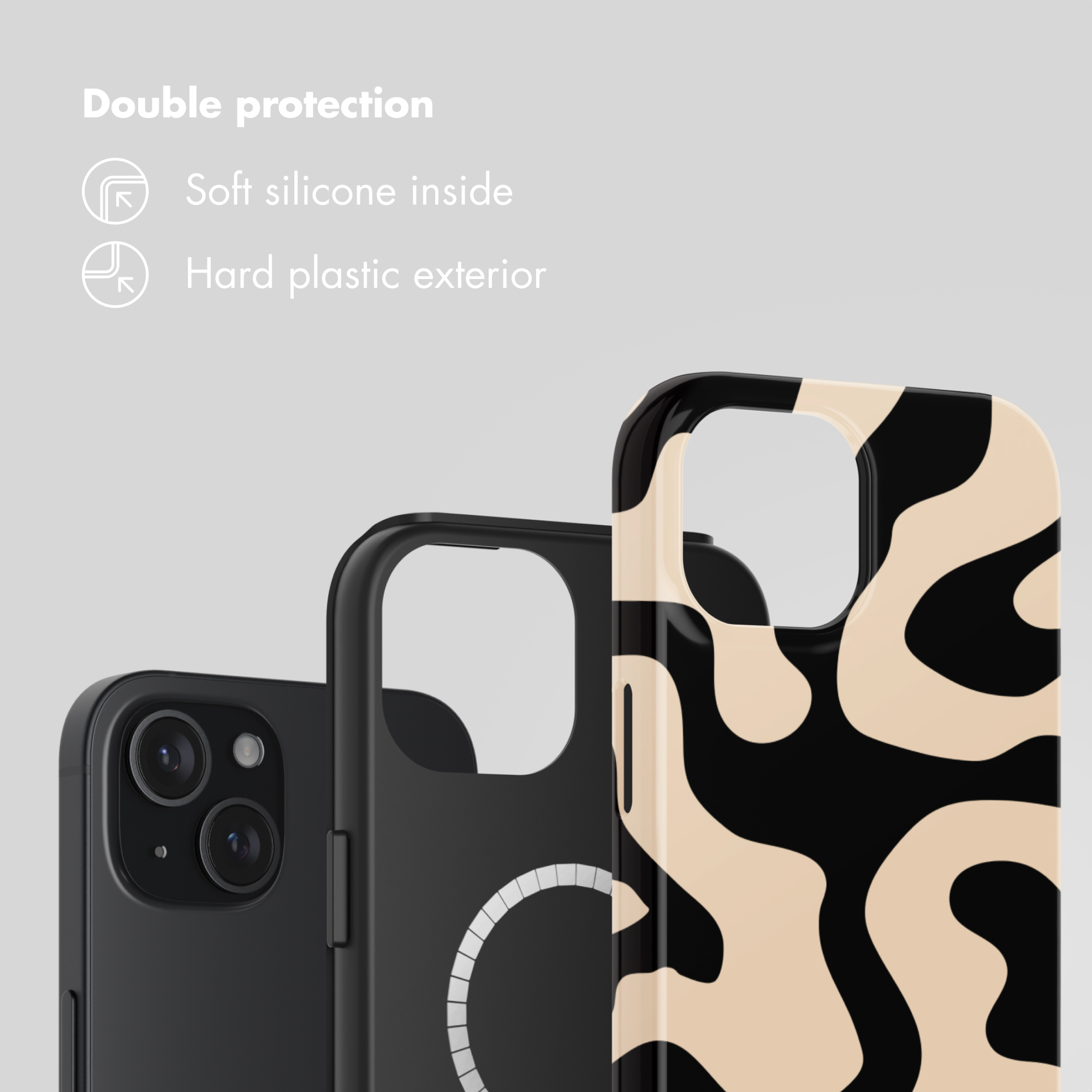 Drie telefoonhoesjes tonen dubbele bescherming met zachte siliconen binnenkant en harde buitenkant.