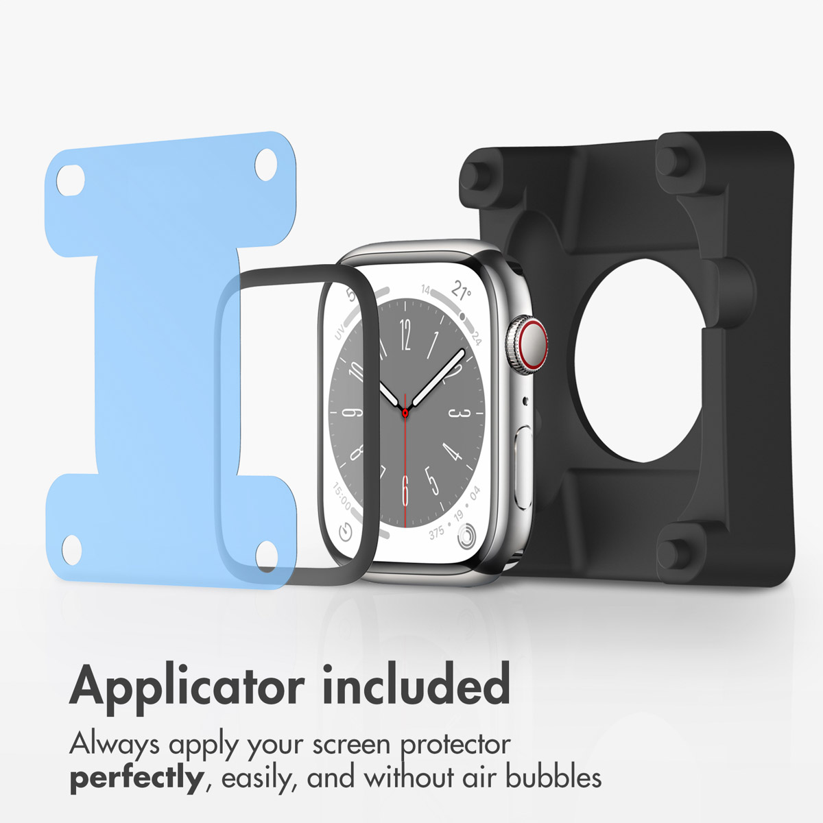Un Apple Watch, un protector de pantalla negro, una herramienta de alineación azul y una bandeja.