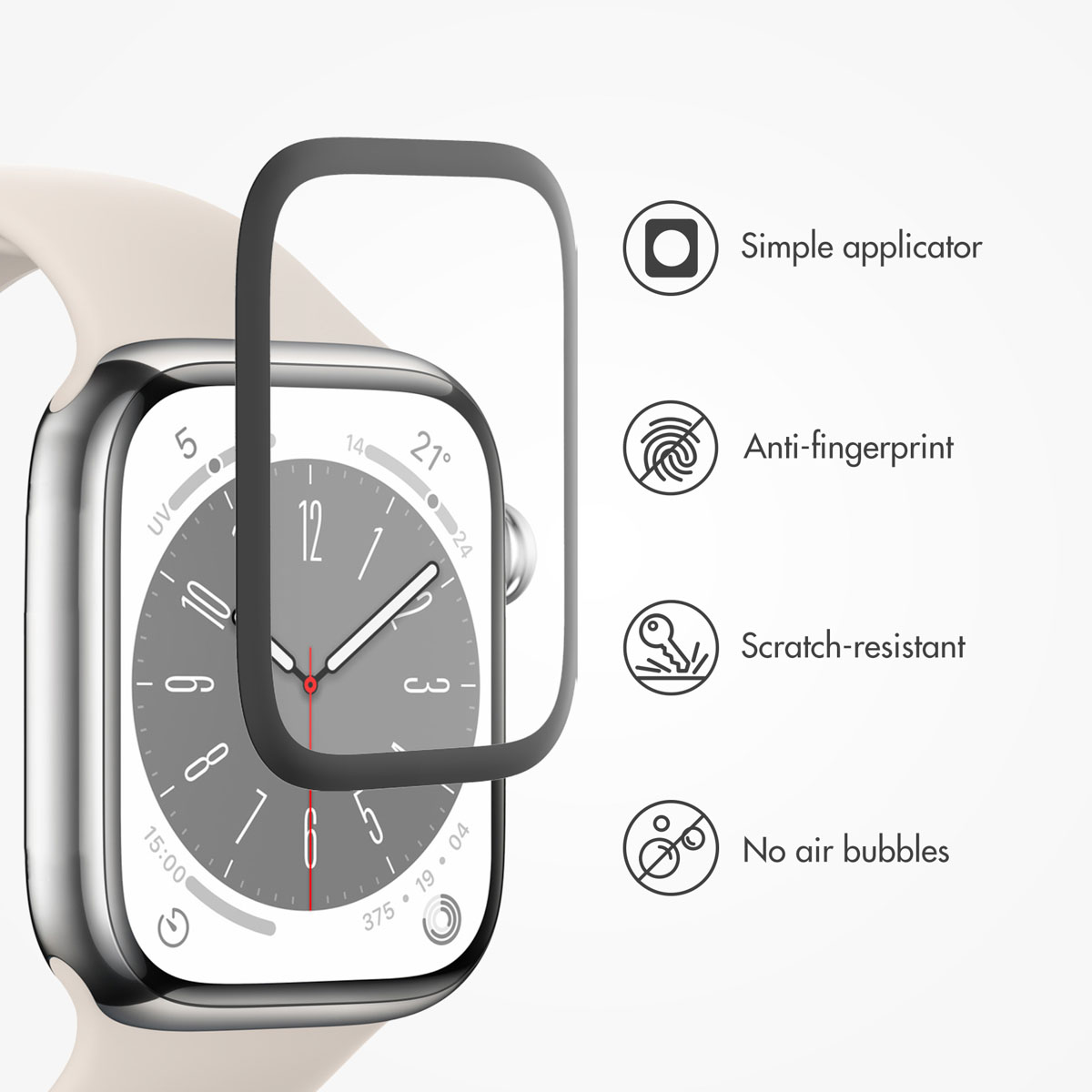 Un reloj inteligente con protector de pantalla y cuatro iconos a la derecha que muestran fácil aplicación, anti-huellas, resistente a arañazos y sin burbujas.
