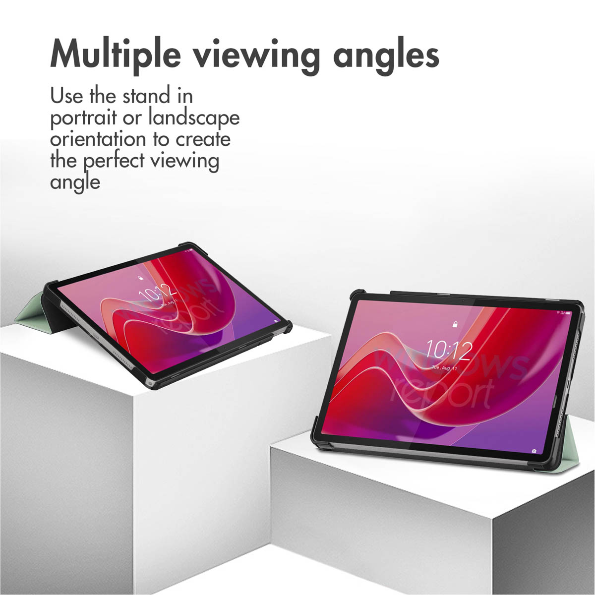 Two tablets on white stands, showing portrait and landscape viewing angles with text above.
