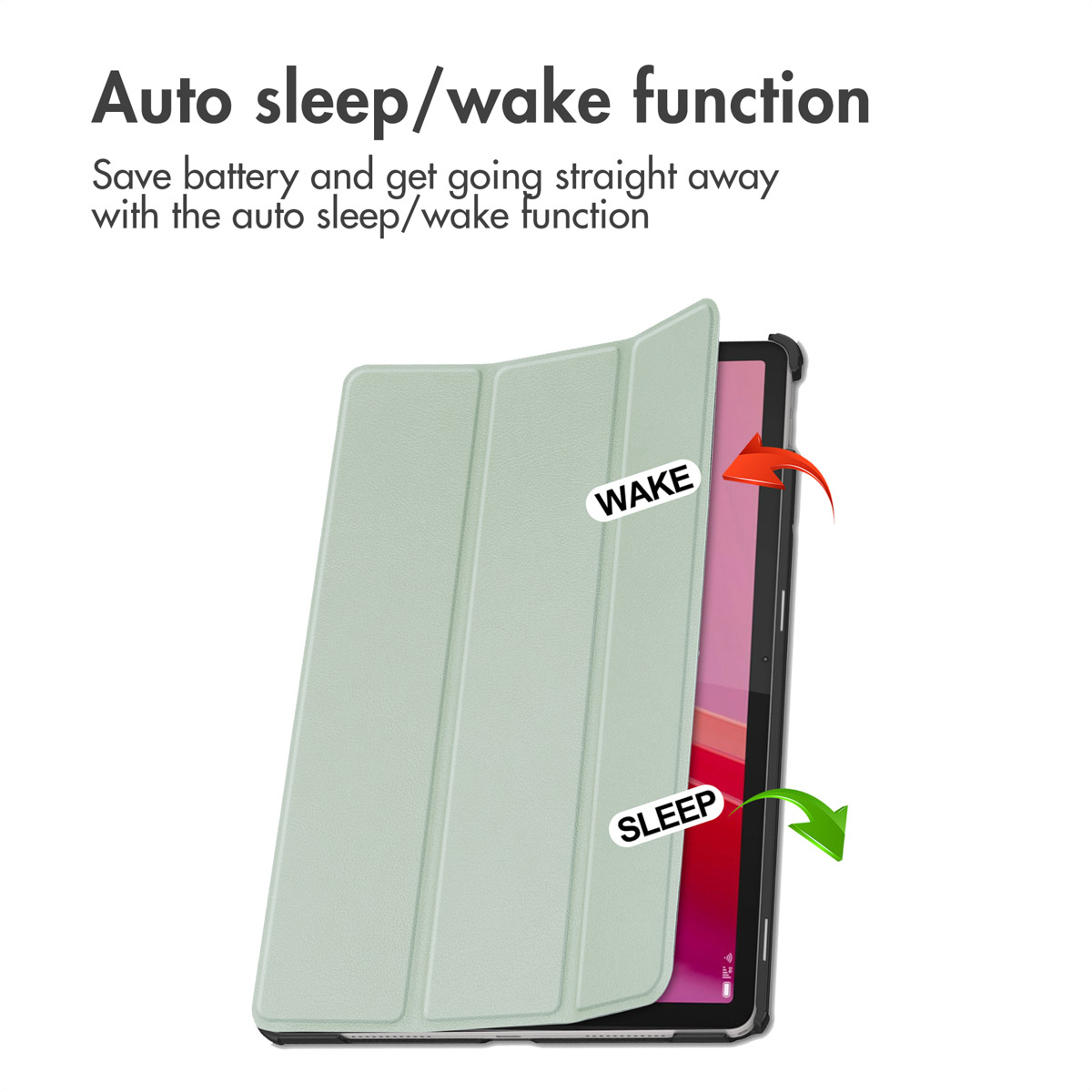 Tablet in green case showing auto sleep/wake function with arrows.