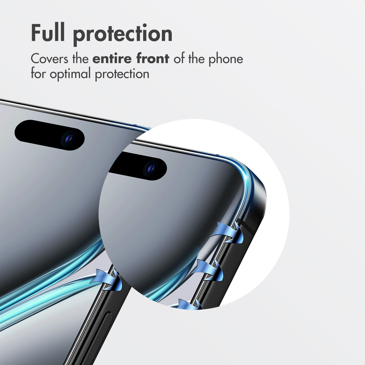 Close-up of a smartphone screen protector with curved blue arrows indicating full coverage protection.
