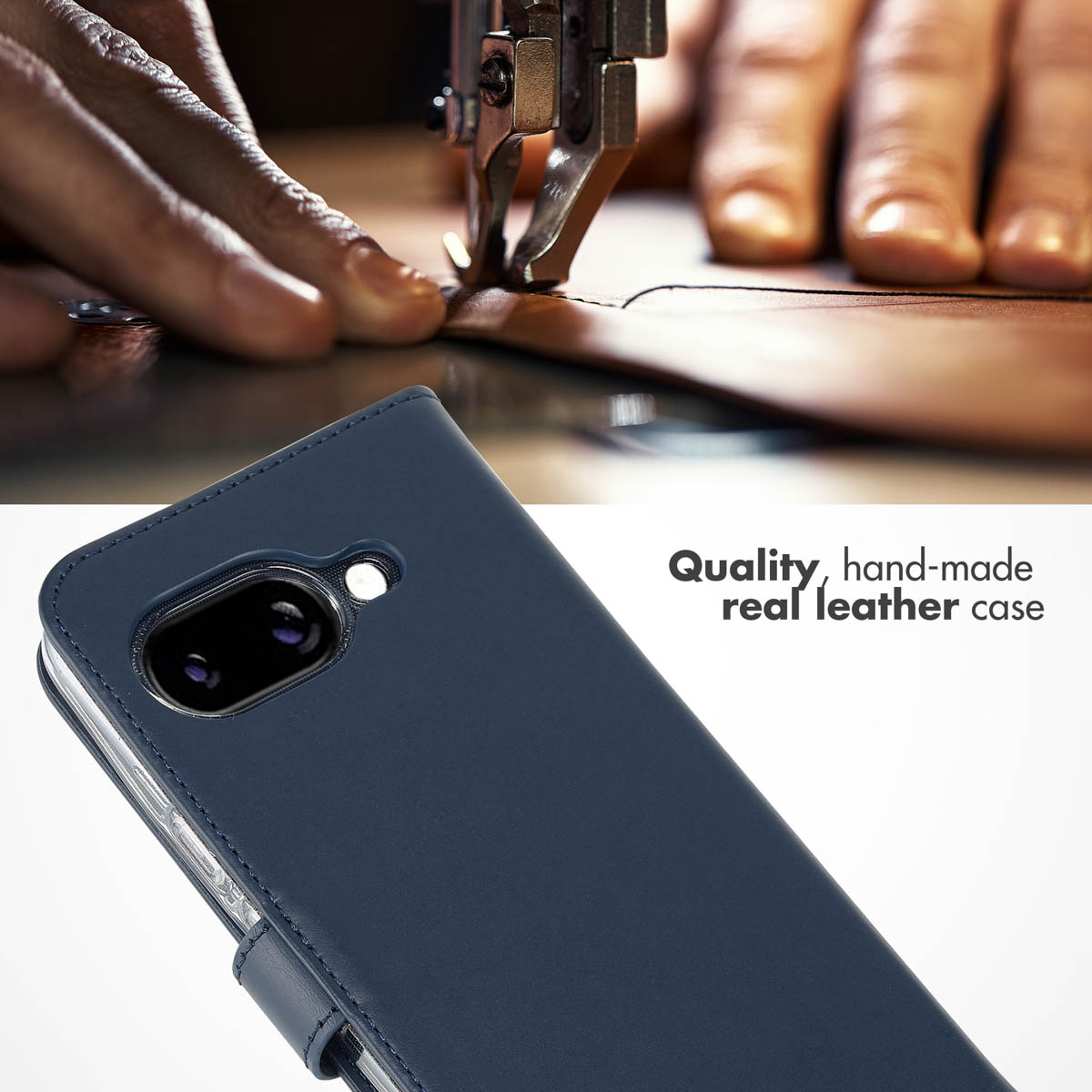 Una funda de móvil de cuero azul en primer plano, con manos cosiendo cuero en el fondo difuminado.