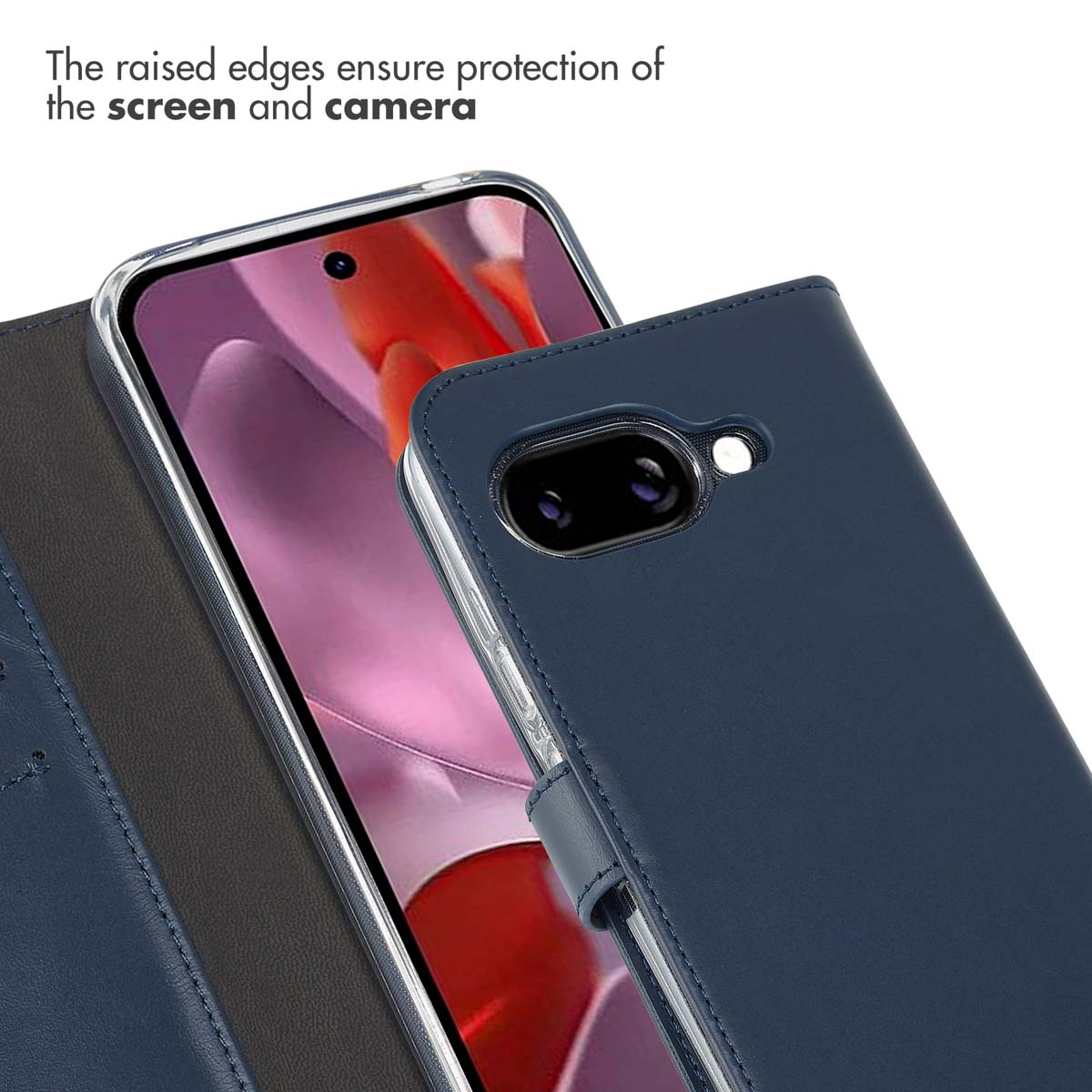 Una funda de móvil azul oscuro protege la pantalla y la cámara con bordes elevados.