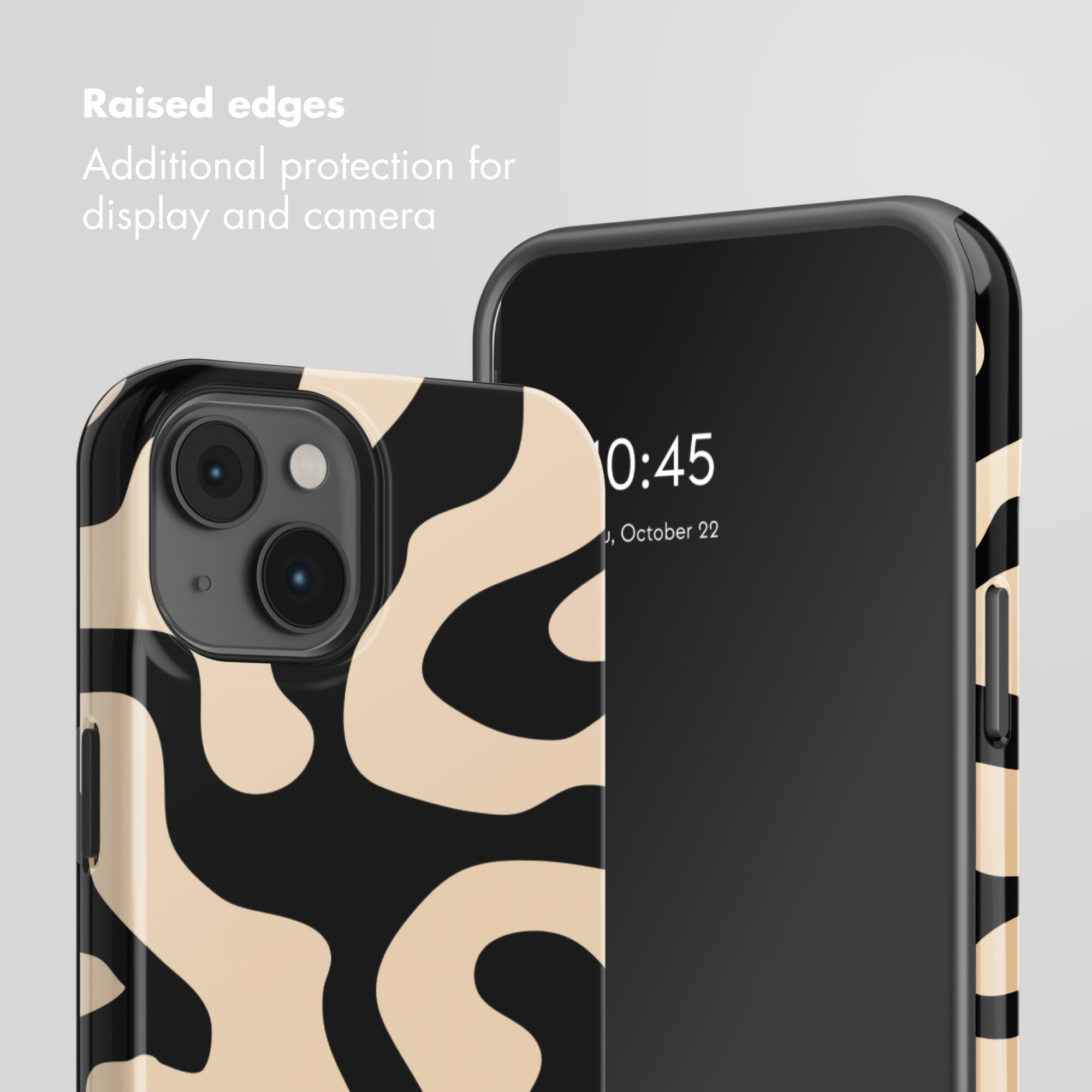 Dos smartphones con patrón negro y beige y bordes elevados sobre fondo gris.