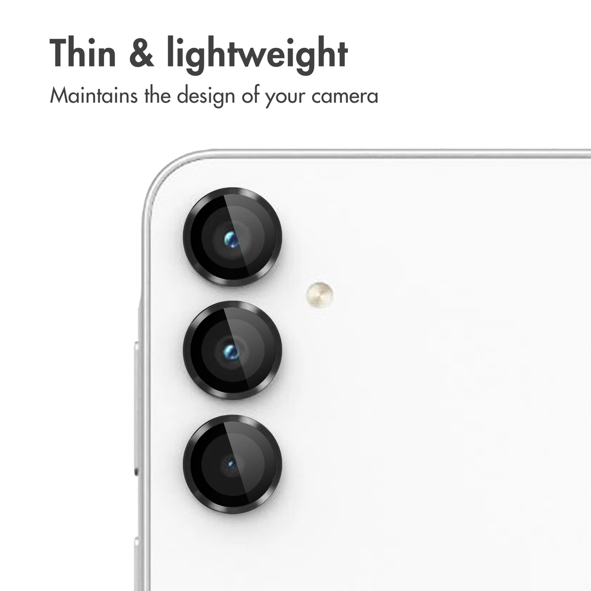 Close-up of three vertical camera lenses on a white phone back with the text Thin & lightweight above.