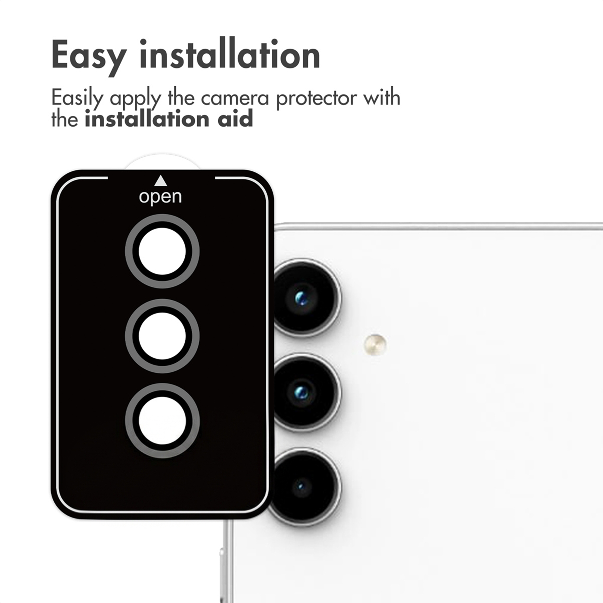 An installation aid for a smartphone camera protector, showing text and a black tool aligned with the camera lenses.