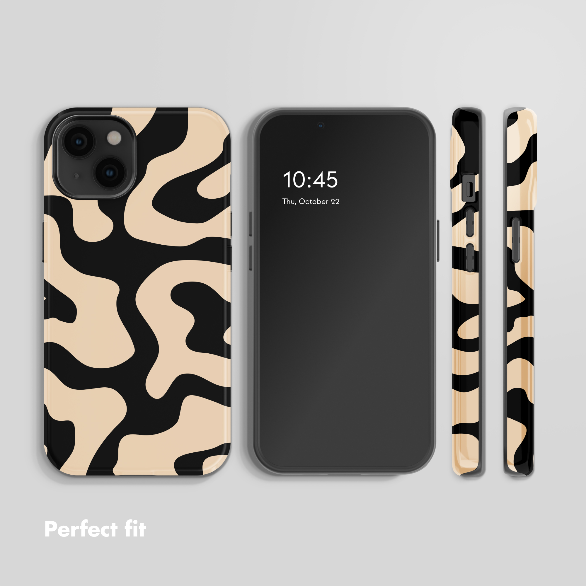Vistas múltiples de una funda para smartphone con patrón negro y beige sobre fondo gris.