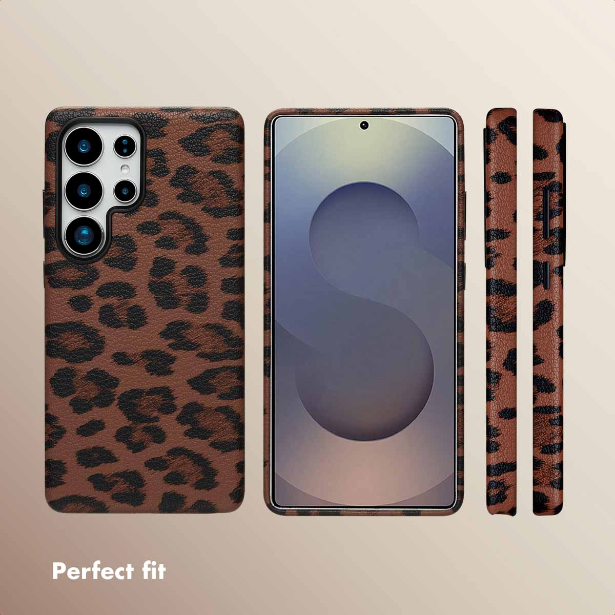 Smartphone con funda protectora con estampado de leopardo marrón desde varios ángulos.