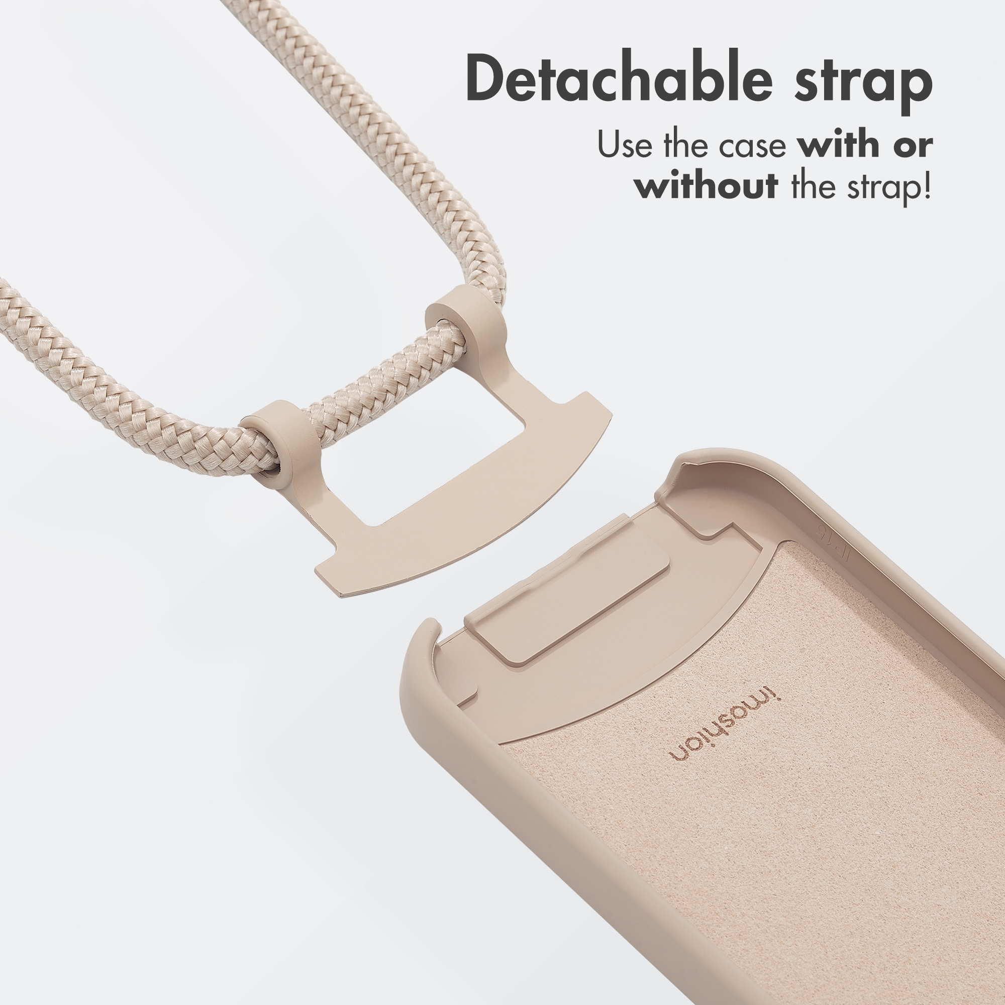 Beige telefoonhoesje met afneembare band en tekst.