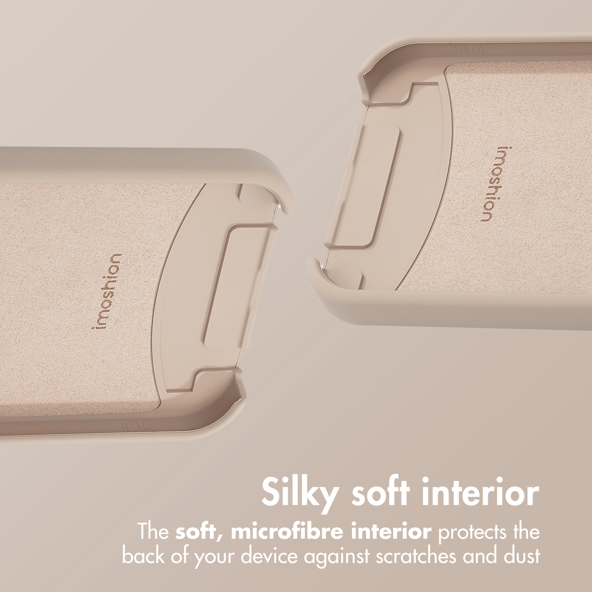 Beige telefoonhoesje interieurs met zachte microvezel voering en imoshion tekst, die krasbescherming benadrukken.