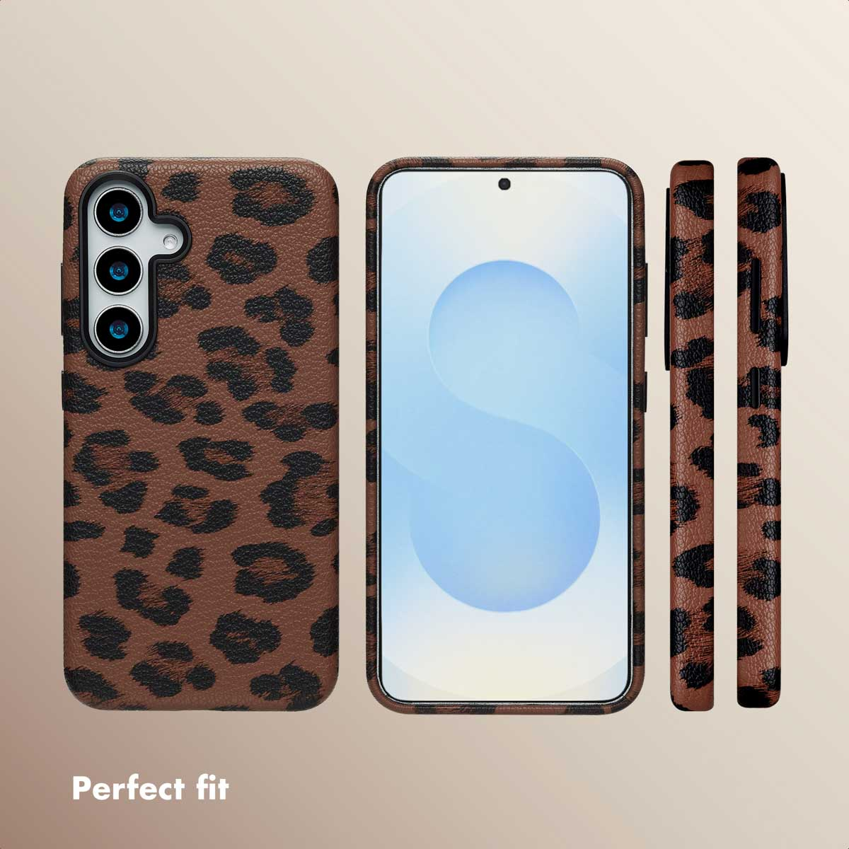 Un teléfono desde varios ángulos con funda de leopardo marrón sobre fondo neutro y el texto "Perfect fit".