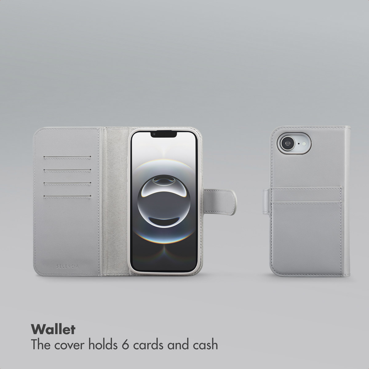 Étui portefeuille en cuir gris pour téléphone avec fentes pour cartes et support.