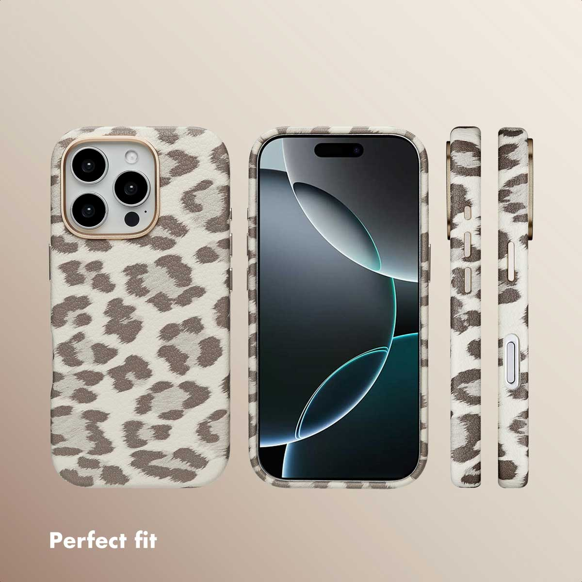 Custodia per iPhone leopardata mostrata da più angolazioni con dettagli dorati.