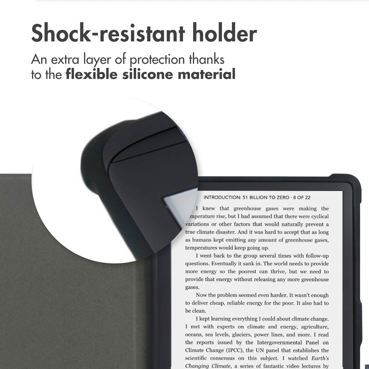 Schokbestendige houder van flexibele siliconen voor extra bescherming, met een uitvergroot detail.