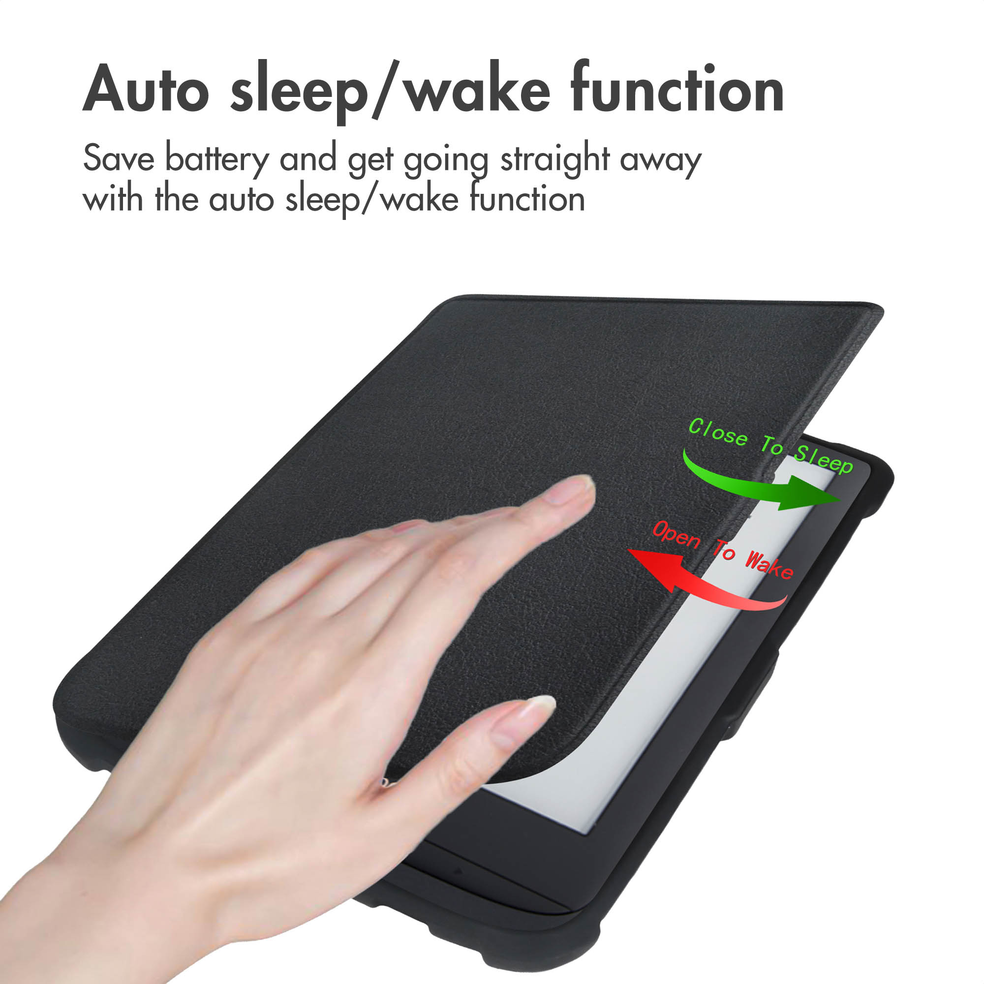 Een hand opent en sluit een zwarte tablethoes en toont de auto sleep/wake-functie met pijlen.