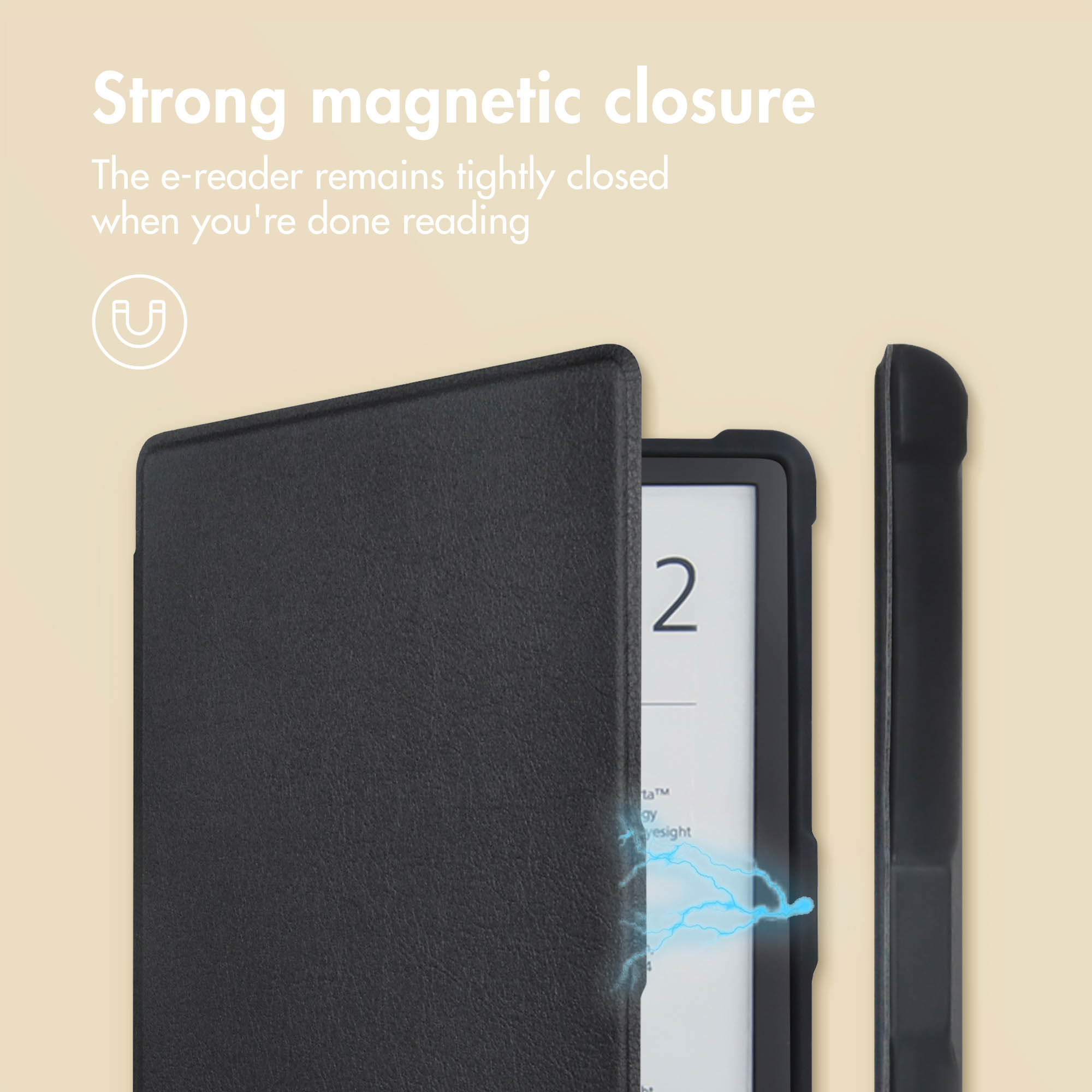 Zwarte e-reader hoes met sterke magnetische sluiting tegen een beige achtergrond.